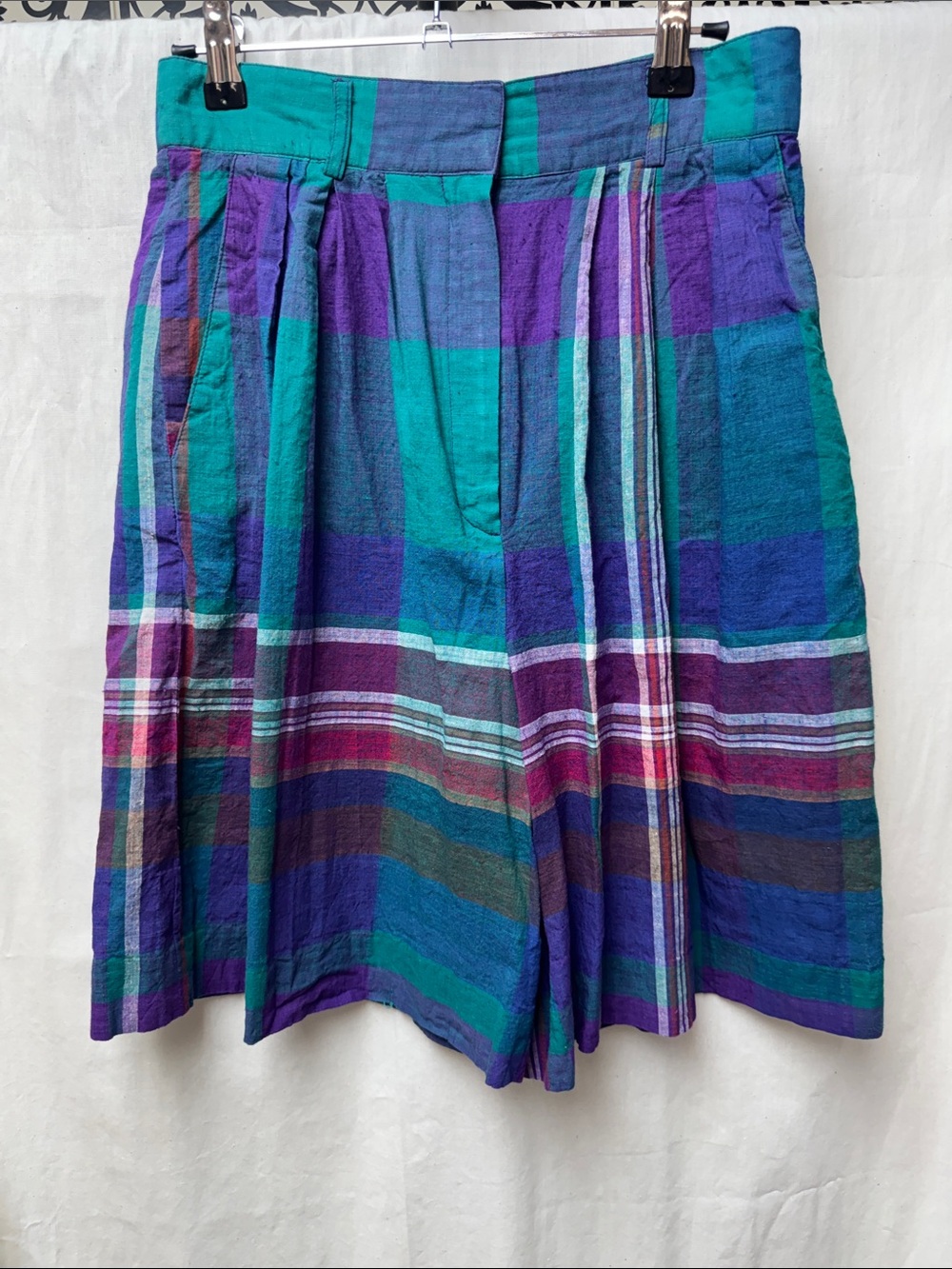 Vintage Evan Picone Blue,Pink, Green & Purple Plaid Circle Shorts